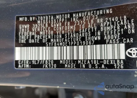 2023 Toyota Corolla Le z USA, uszkodzony, nr VIN 5YFB4MDE1PP019067